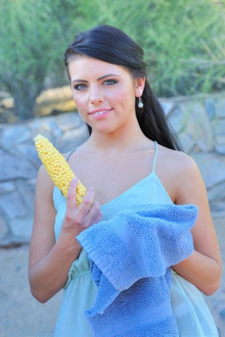 Teen girl with dark hair and a tight ass pleasures herself with corncob dildo 91735661