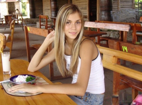Dirty blonde teen slurps on a milkshake while fully clothed in a denim skirt 60985063