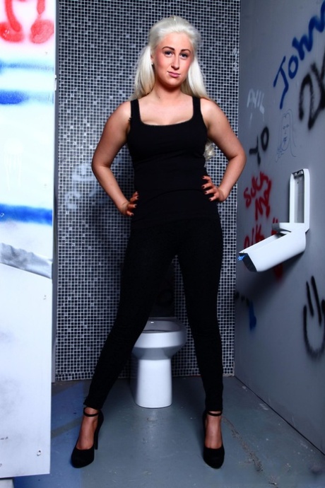 Platinum blonde Princess Paris gets naked in ankle strap heels in a bathroom 71765142